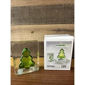 Holiday Light Christmas Tree Art Glass Tealight Holder In Box